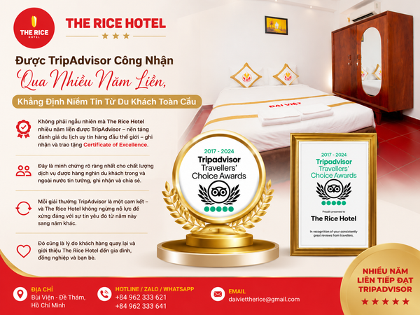 The Rice Hotel tự hào đạt Trip Advisor trong nhiều năm liên tiếp