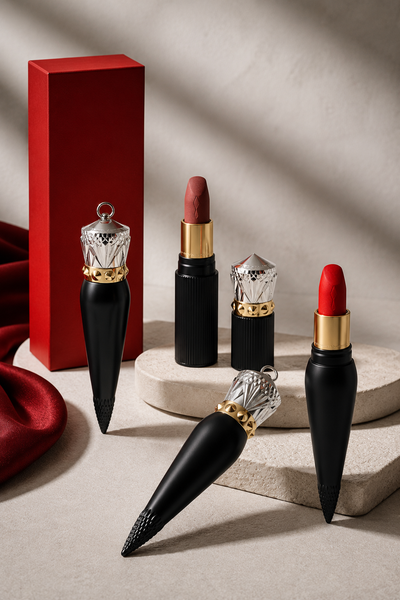 Thiết kế vỏ son Louboutin thân đen với chi tiết vàng bạc sang trọng