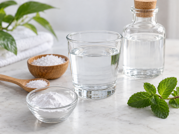 Muối, baking soda, nước và thìa định lượng để pha nước súc miệng
