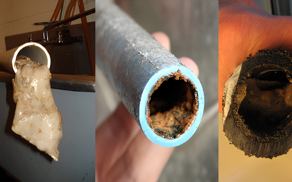 Thực trạng các đoạn đường ống dẫn nước sinh hoạt tại chung cư bị rỉ sét, đóng cặn bẩn và mảng bám dày đặc bên trong lõi.