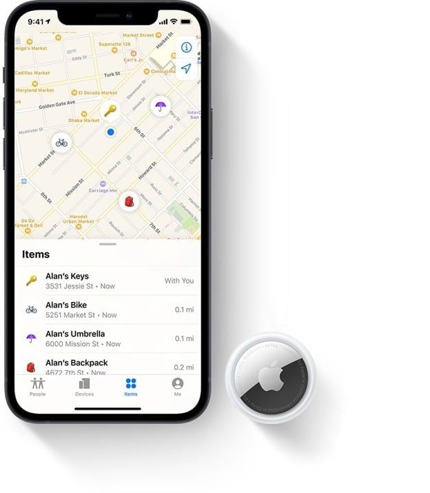 AirTag next to iPhone showing location map screen.