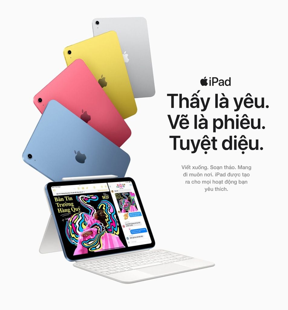 iPad in multiple colors with Vietnamese promotional slogan.