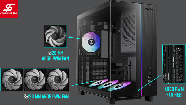 Vỏ Case Gamdias ATLAS M4 ATX Đen Sẵn 4 Fan ARGB — ảnh mô tả chi tiết