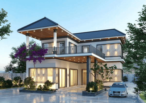 Mẫu nhà 2 tầng 4 phòng ngủ 80m2 chữ L
