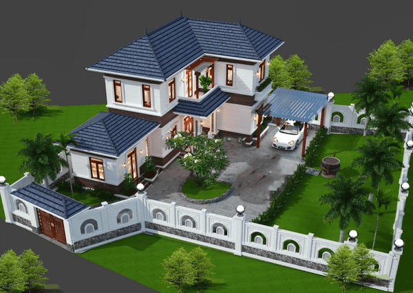 Mẫu nhà 2 tầng 4 phòng ngủ 80m2 dáng chữ L