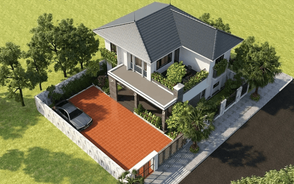 Mẫu nhà 2 tầng 4 phòng ngủ 80m2 có sân vườn