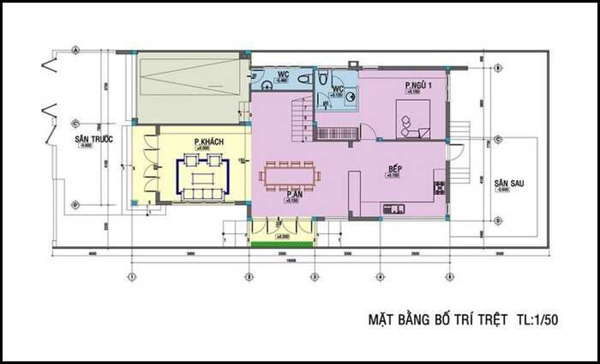 Bố trí nhà 2 tầng 4 phòng ngủ 80m2 tầng 1