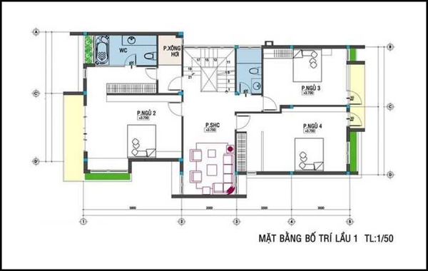 Bố trí nhà 2 tầng 4 phòng ngủ 80m2 tầng 2