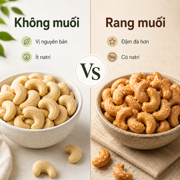Hạt điều không muối và rang muối khác nhau