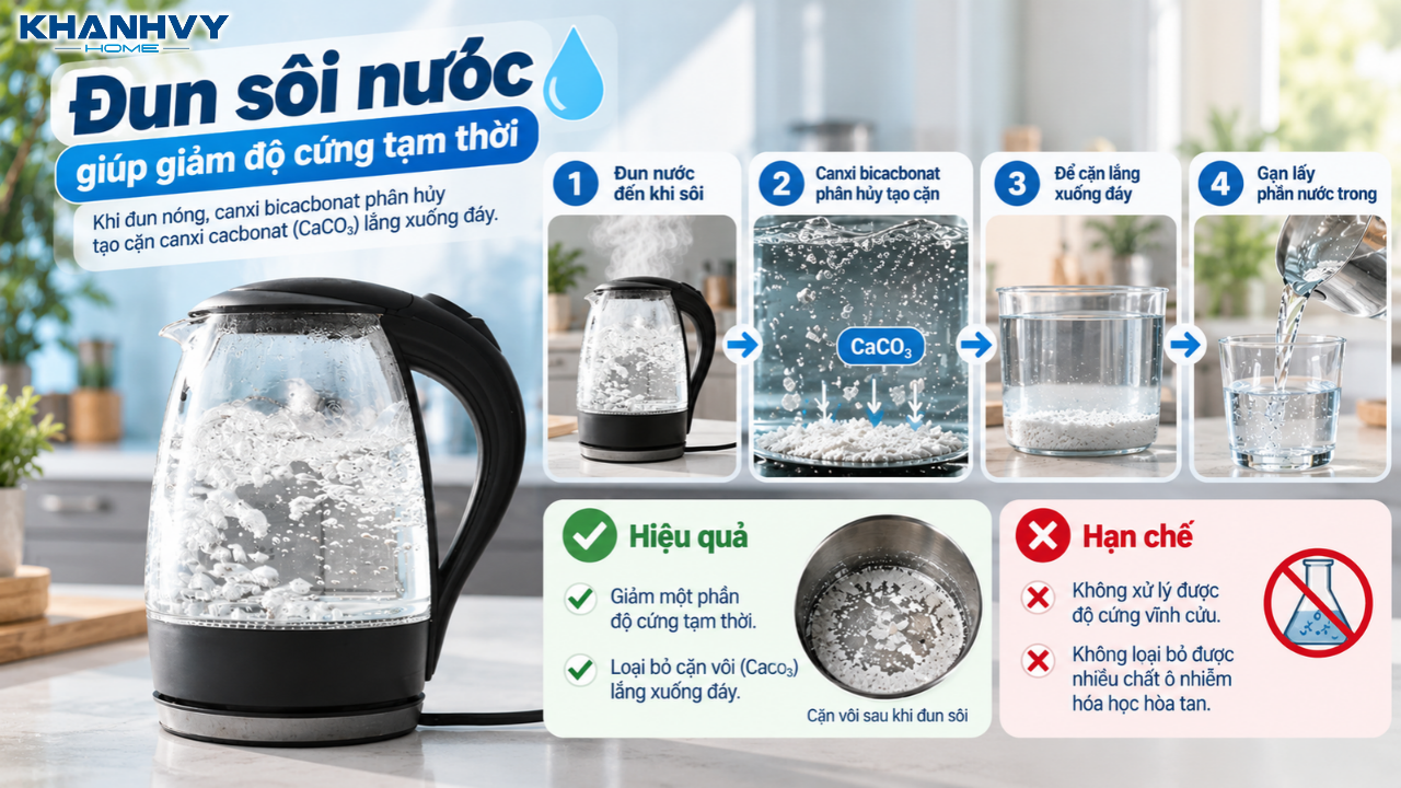 Đun sôi giúp giảm một phần độ cứng tạm thời, tạo cặn trắng lắng dưới đáy ấm.