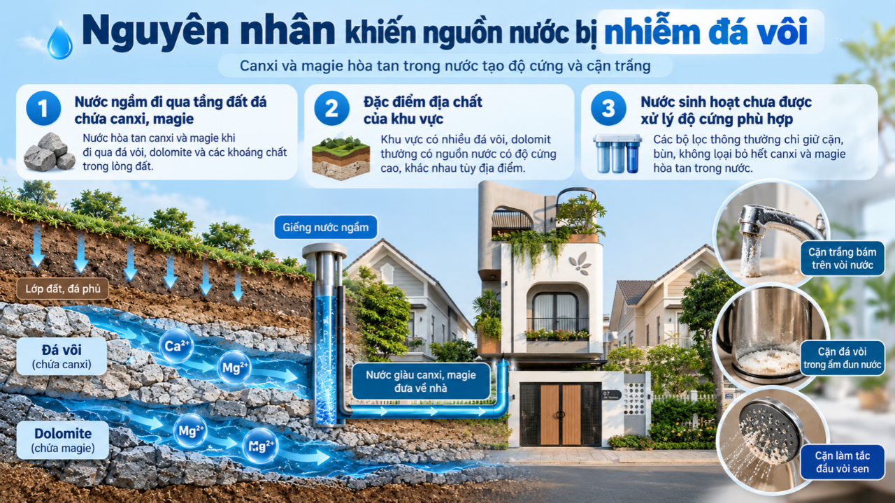 Nước ngầm hòa tan canxi và magie từ các tầng đá vôi, làm tăng độ cứng của nước.