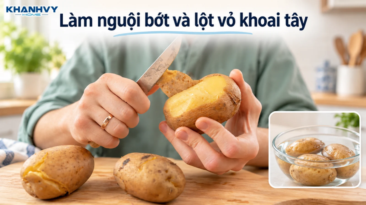 Để khoai nguội bớt khi còn ấm, nhẹ nhàng bóc vỏ để giữ nguyên phần thịt khoai.