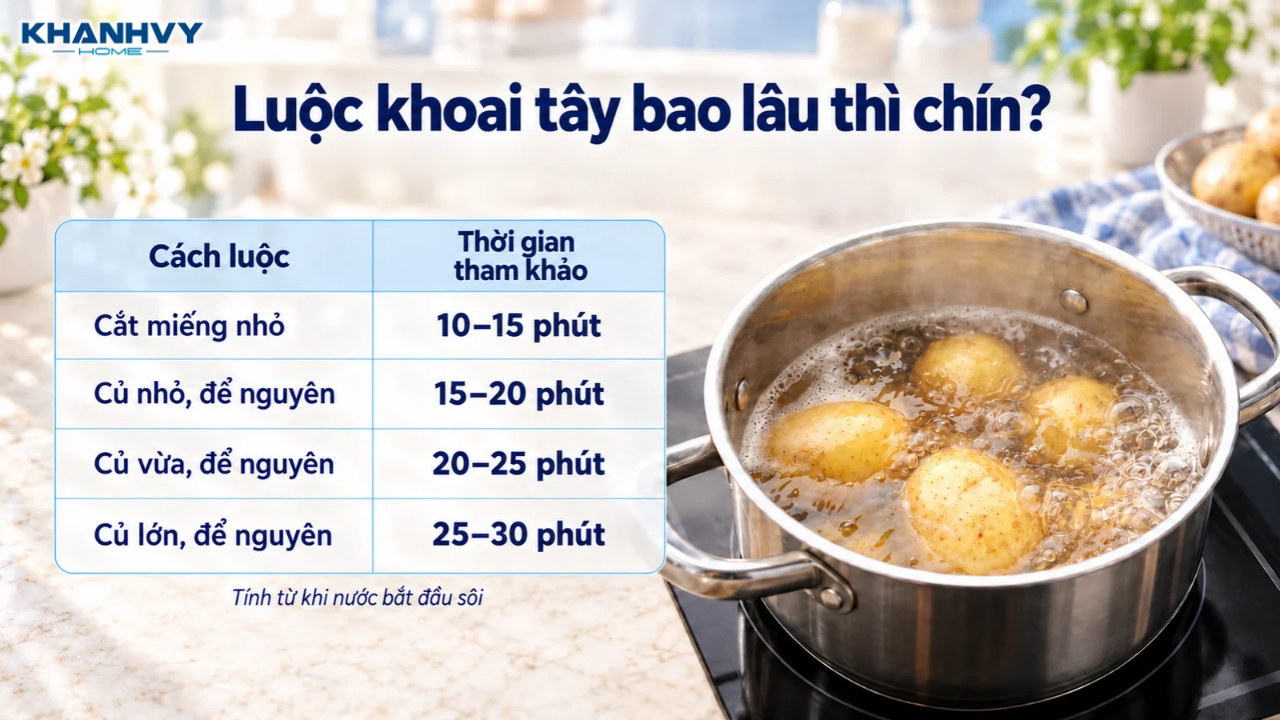 Thời gian luộc khoai tây thường khoảng 10–30 phút kể từ khi nước sôi, chưa tính thời gian đun nước ban đầu