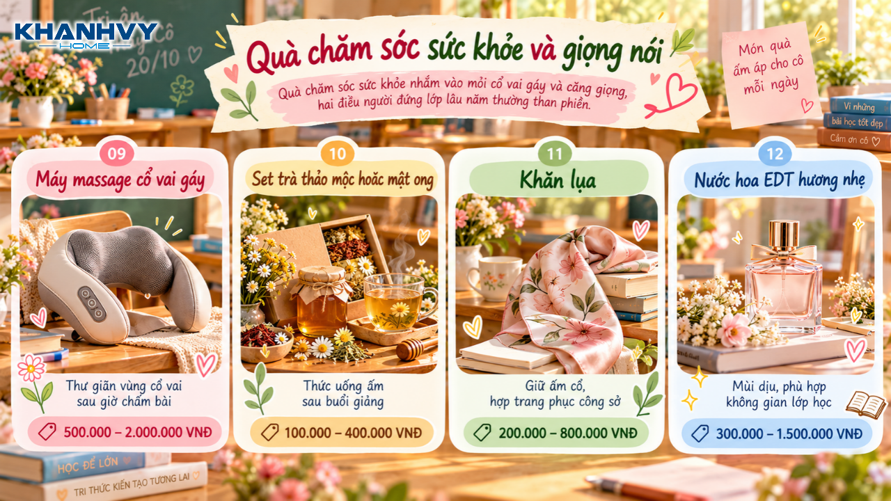 Máy massage, trà thảo mộc, khăn lụa và nước hoa giúp cô thư giãn