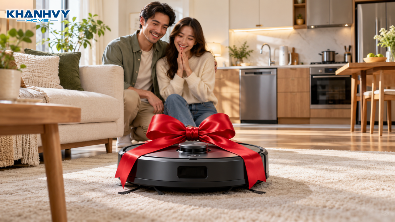 Chàng trai cùng bạn gái vui vẻ bên robot hút bụi được gói nơ đỏ