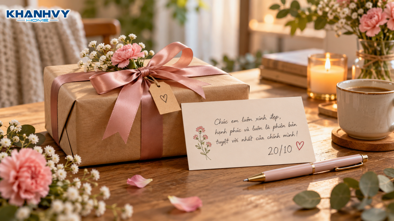 Hộp quà thắt nơ hồng kèm thiệp viết tay gửi lời yêu thương dịp 20/10