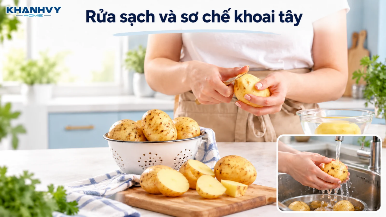 Rửa sạch đất cát trên vỏ và cắt khoai thành miếng đều nhau nếu cần.