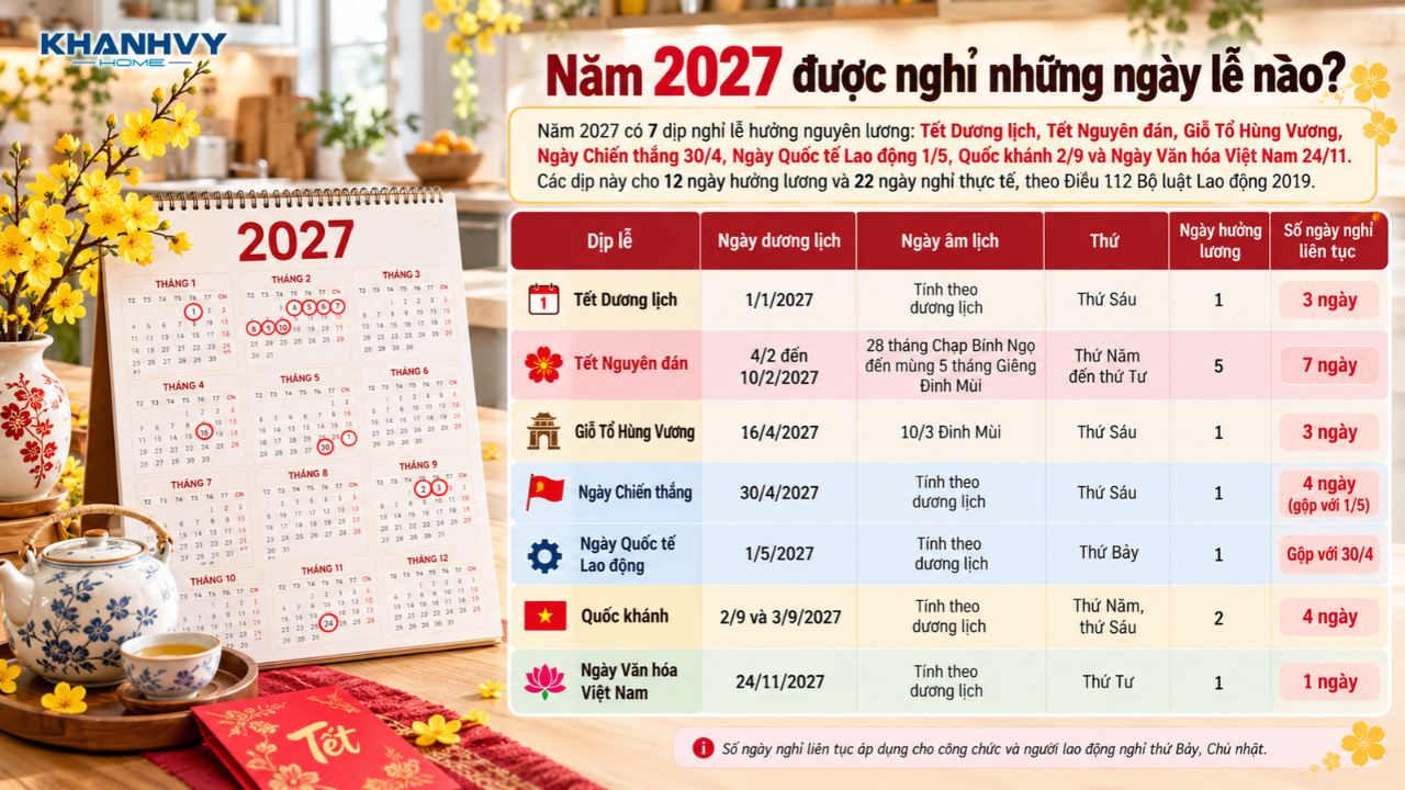Lịch các ngày nghỉ lễ năm 2027