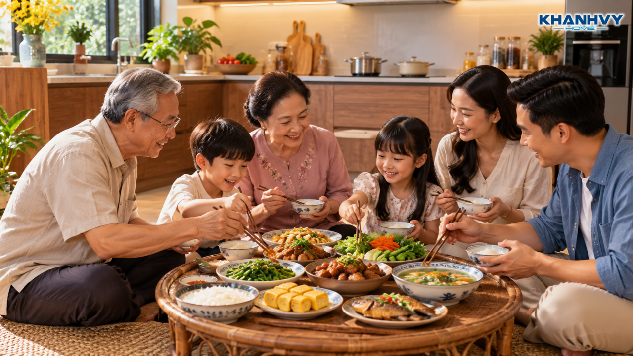 Gia đình bên nhau trong bữa cơm đoàn viên ngày nghỉ 24/11