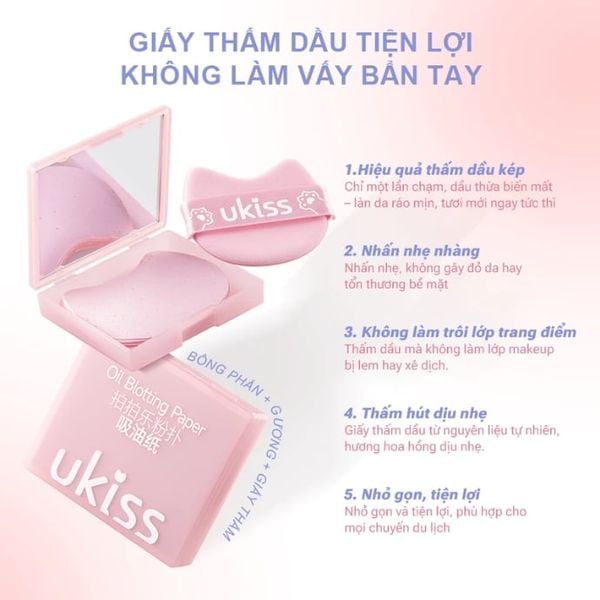 Hộp Giấy Thấm Dầu Hương Hoa Hồng Kèm Bông Phấn Ukiss Powder Puff Oil Absorbing Paper