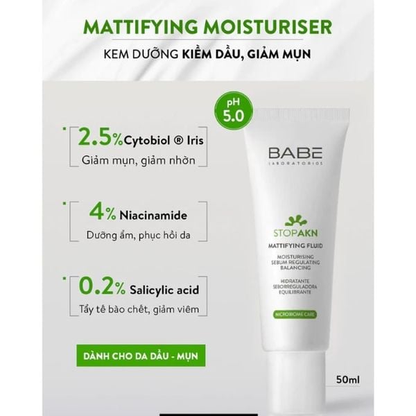 Kem Dưỡng Kiềm Dầu, Giảm Mụn Babe Stop AKN Mattifying Fluid