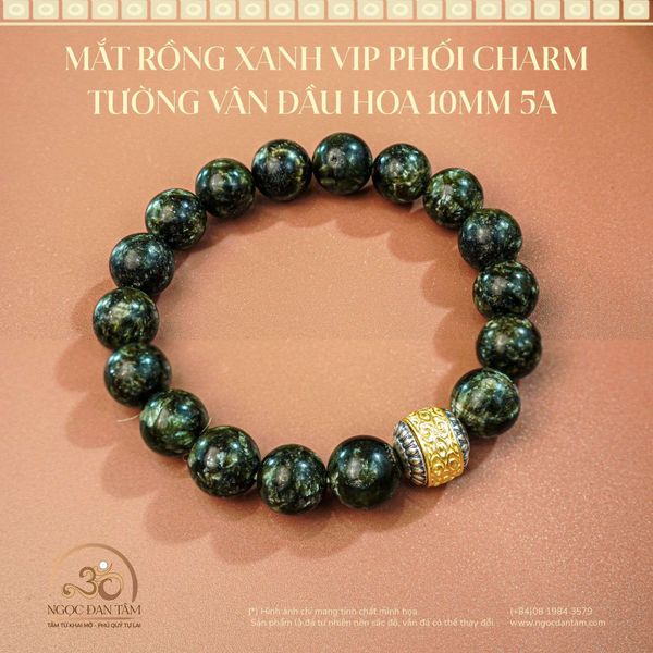Vòng Mắt Rồng Xanh phối Charm Tường Vân Đầu Hoa 10mm 5A