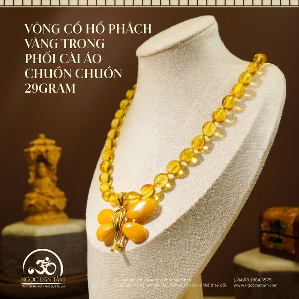 Vòng Cổ Hổ Phách Vàng Trong Phối Cài Áo Chuồn Chuồn 29gram