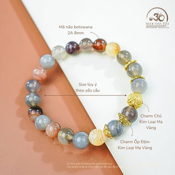 vòng tay Mã não botswana 2A 8MM Phối charm sư tử