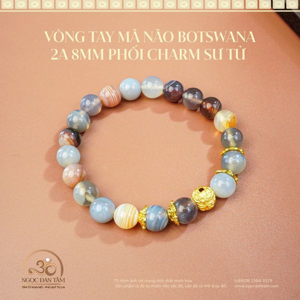 vòng tay Mã não botswana 2A 8MM Phối charm sư tử