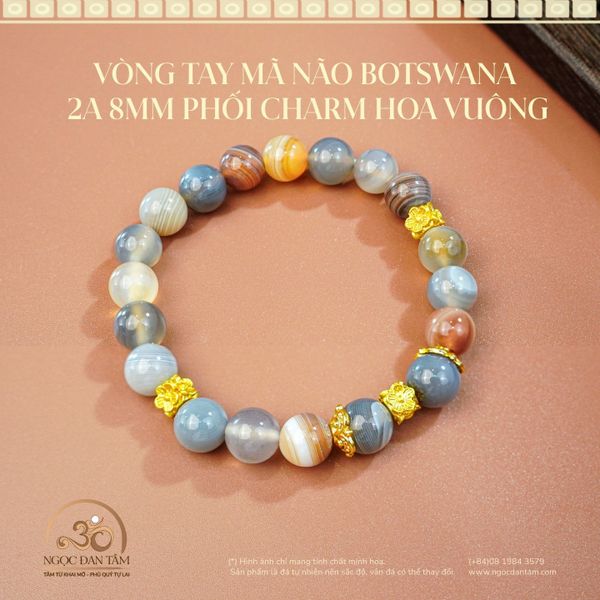 vòng tay mã não botswana 2A 8MM phối charm hoa vuông