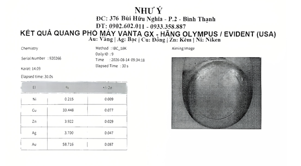 Đọc kết quả thực tế của mẫu vàng 14K