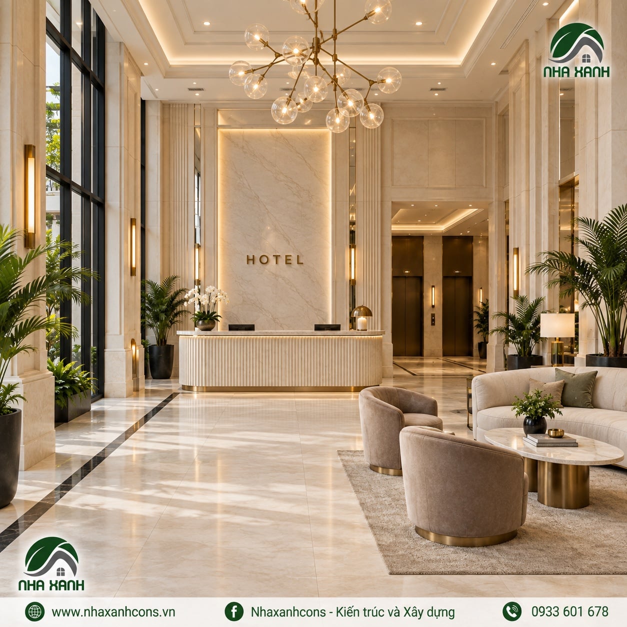Không gian sảnh khách sạn tân cổ điển