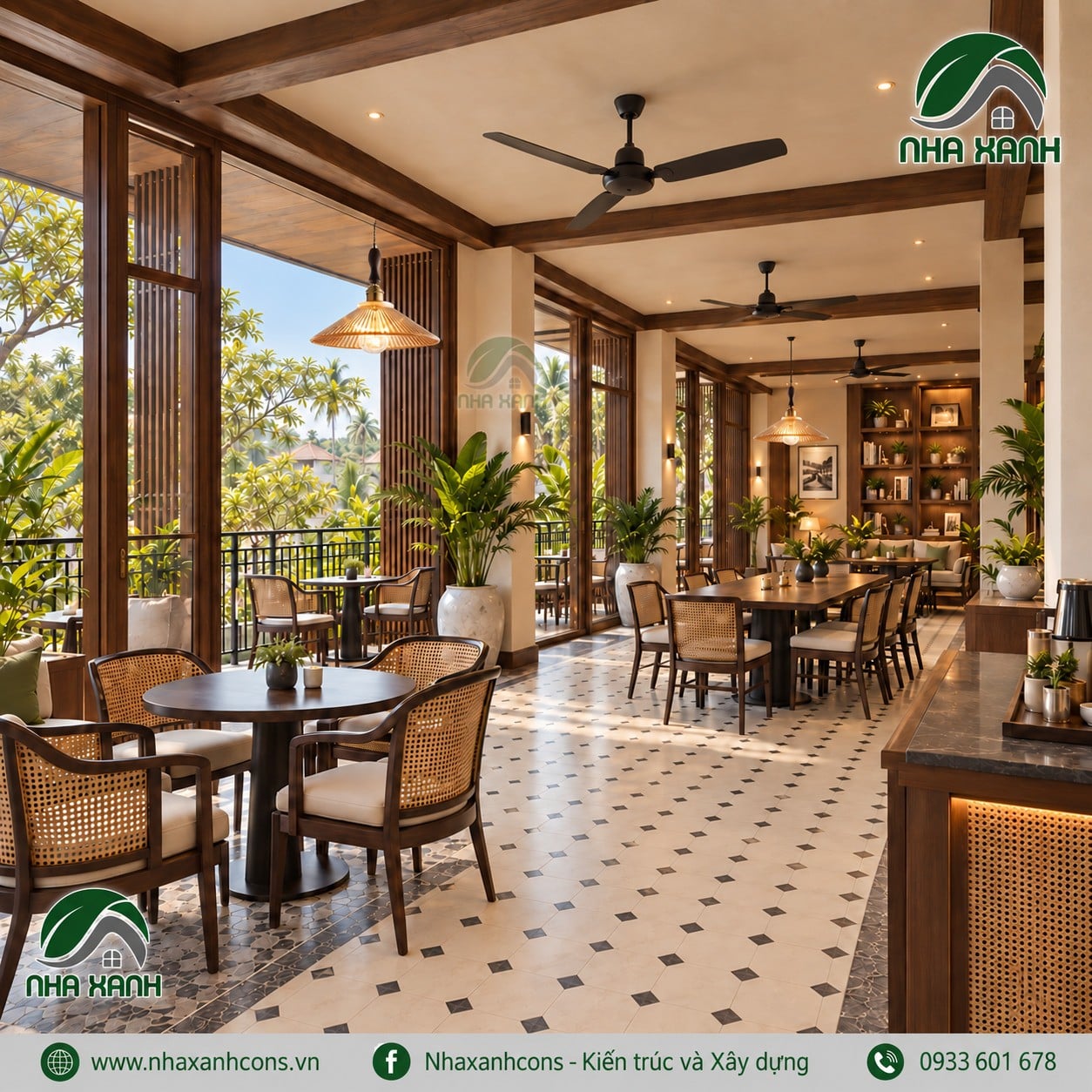 Nội thất tầng 2 quán cafe phong cách Indochine