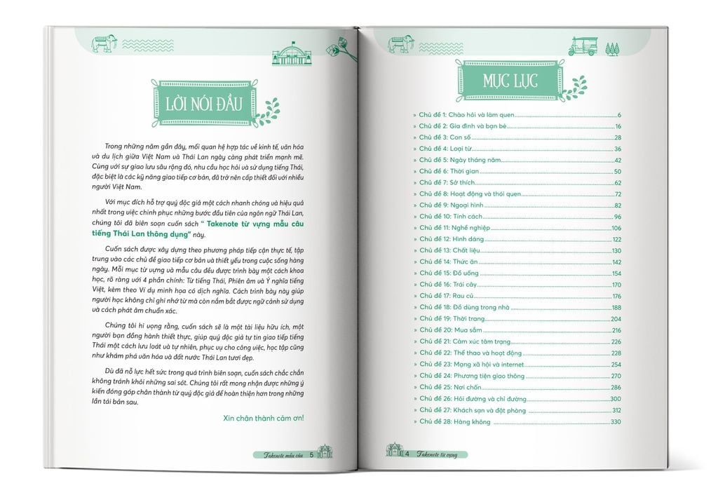 Mục lục cuốn sách Take note từ vựng mẫu câu tiếng Thái Lan thông dụng