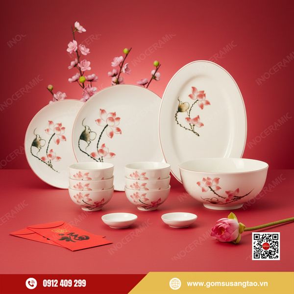 bộ bát đĩa gốm sứ Bát Tràng hoa sen hồng 12 sản phẩm