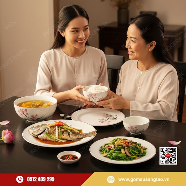 bộ chén bát gốm sứ Bát Tràng làm quà Tết doanh nghiệp