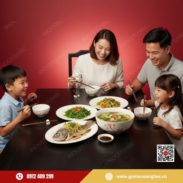 bát đĩa hoa sen vẽ tay Bát Tràng quà tặng Tết