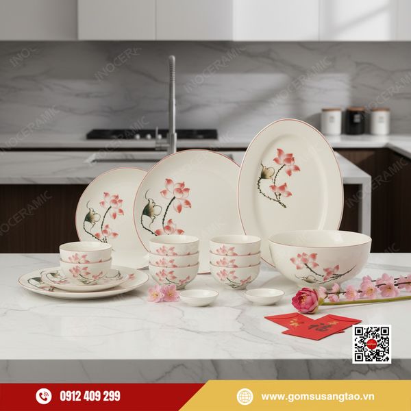 set bát đĩa gốm sứ Bát Tràng hoa sen hồng vẽ tay cao cấp