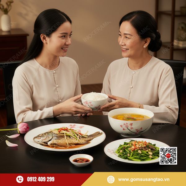 bộ chén bát Bát Tràng men trắng hoa sen hồng