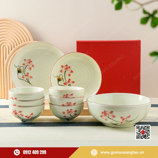 bộ bát cơm hoa sen gốm sứ làm quà khách hàng