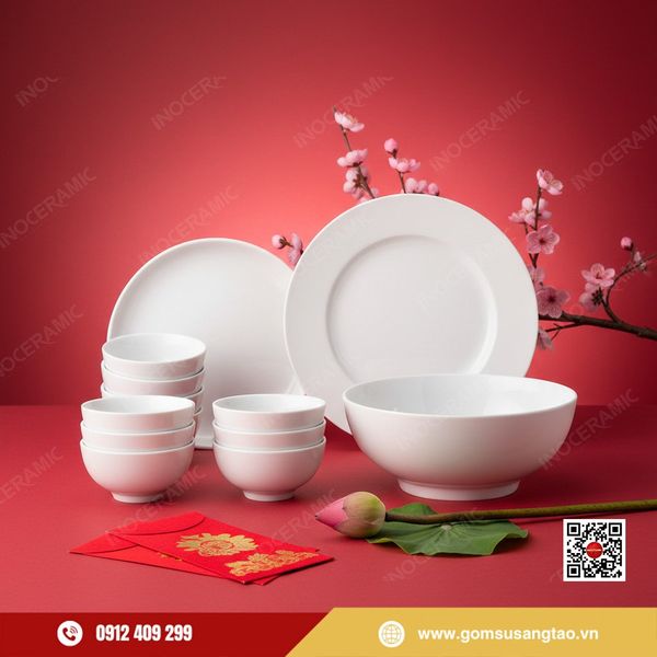 Bộ bát đĩa men trắng 9 sản phẩm gốm sứ Bát Tràng làm quà Tết doanh nghiệp cao cấp