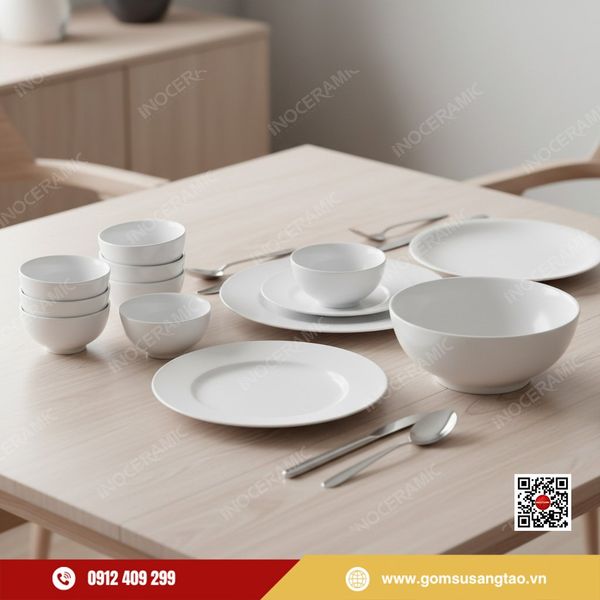 Set quà Tết bộ chén bát men trắng sang trọng cho nhân viên, khách hàng