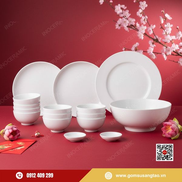 Bộ bát đĩa men trắng 12 sản phẩm làm quà Tết doanh nghiệp