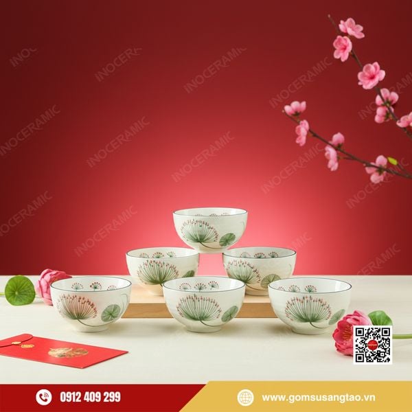 Bộ bát cơm hoa bồ công anh gốm sứ Bát Tràng làm quà Tết doanh nghiệp cao cấp