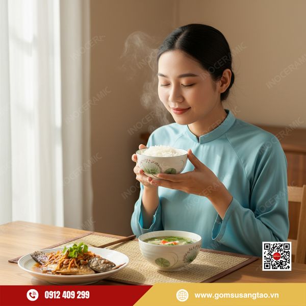 Bộ bát chén cơm hoa bồ công anh Bát Tràng – quà Tết công đoàn thiết thực