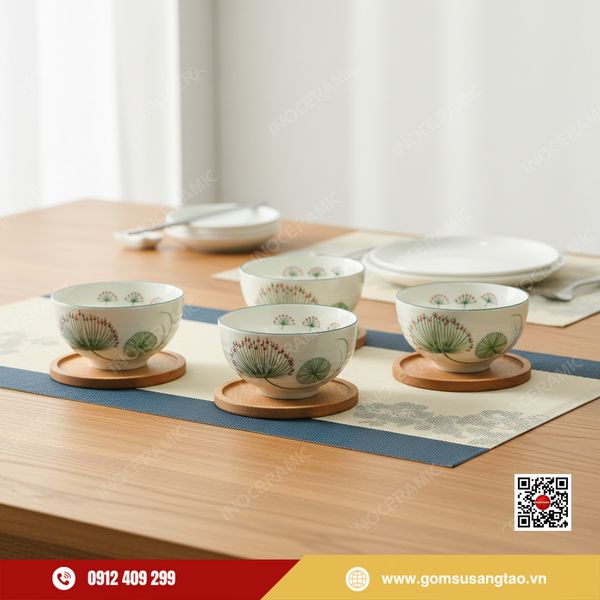 Hộp quà Tết bộ bát cơm gốm sứ Bát Tràng in logo thương hiệu doanh nghiệp