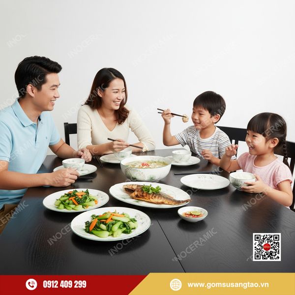 Bộ bát đĩa Bát Tràng sen xanh vẽ tay in logo quà tặng