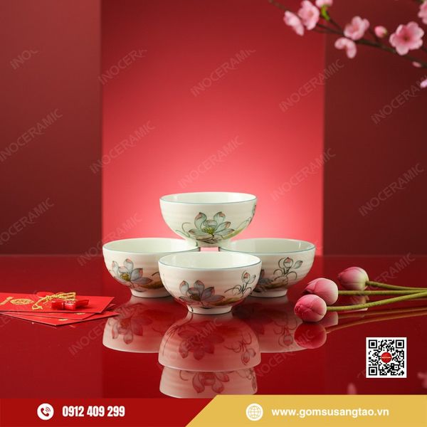 Bộ 6 bát cơm hoa sen xanh gốm sứ Bát Tràng làm quà Tết doanh nghiệp cao cấp