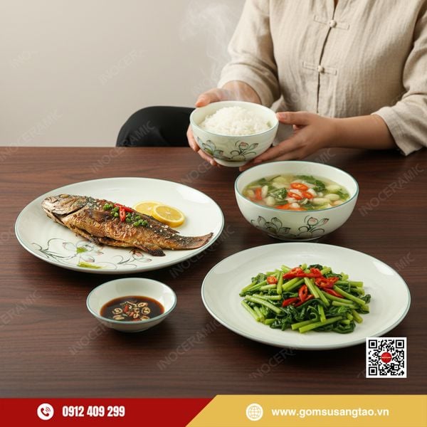 Hộp quà Tết bộ bát cơm gốm sứ Bát Tràng in logo thương hiệu doanh nghiệp