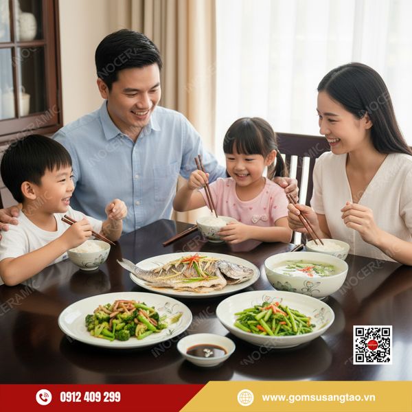 Quà Tết gốm sứ Bát Tràng bộ 6 bát cơm hoa sen xanh vẽ tay thủ công